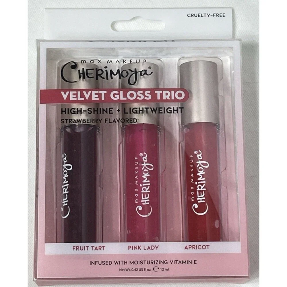 2 Max Make-Up Cherimoya Velvet Lip Gloss Trio High-Shine Strawberry 3 Pk/Ea NEW